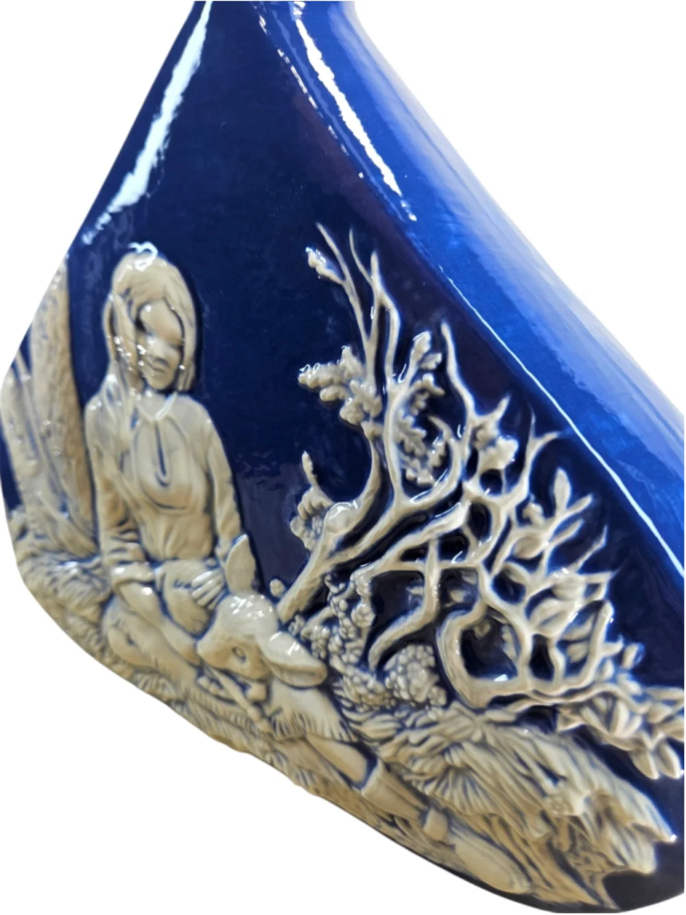 Signed P.W. 1988 Cobalt Blue Art Pottery Relief Vase Maiden & Baby Deer